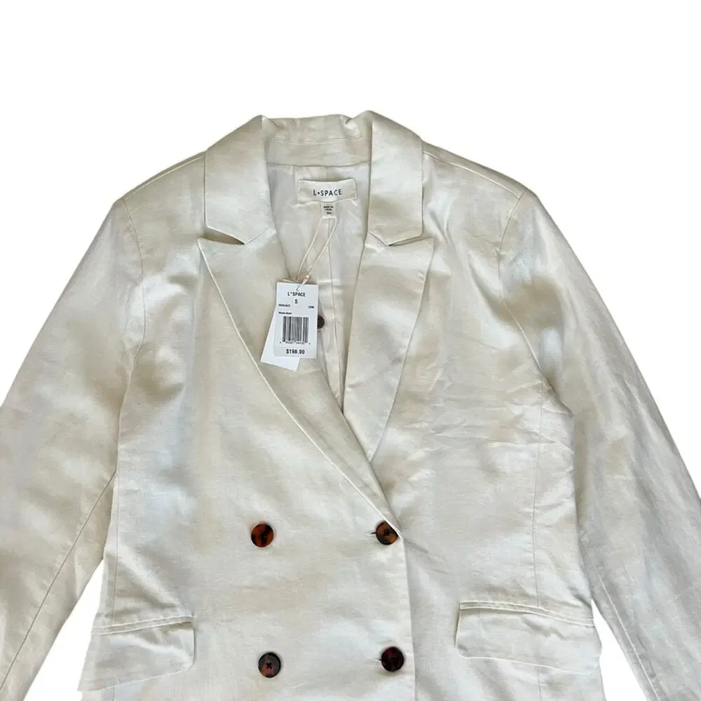 L*Space Women’s Rhodes White Cream Linen Cotton Double Breasted Long Blazer S